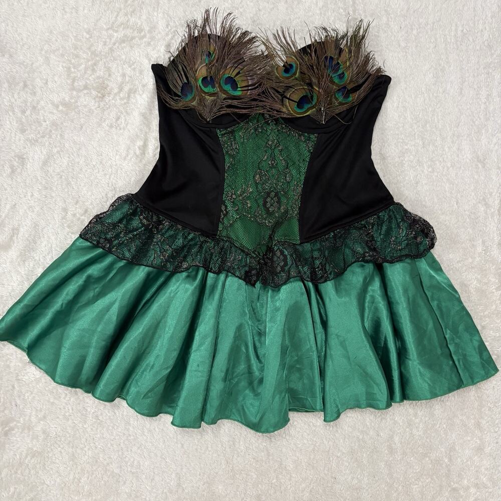 Black Label Womens M Peacock Costume Dress Corset Feather Green Halloween Mini